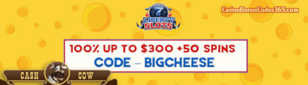 Liberty Slots 100% up to $300 plus 50 FREE Spins on WGS Cash Cow Special Offer