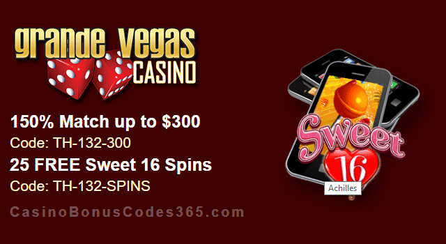 Grande Vegas Casino 150% up to $300 Bonus plus 25 FREE Spins on RTG Sweet 16 Special Promo