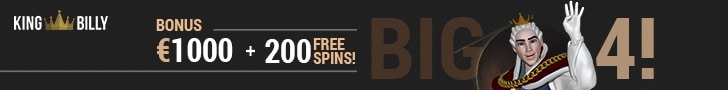 King Billy Casino Big 4 Bonuses Welcome Package 200% Match plus 200 FREE Spins