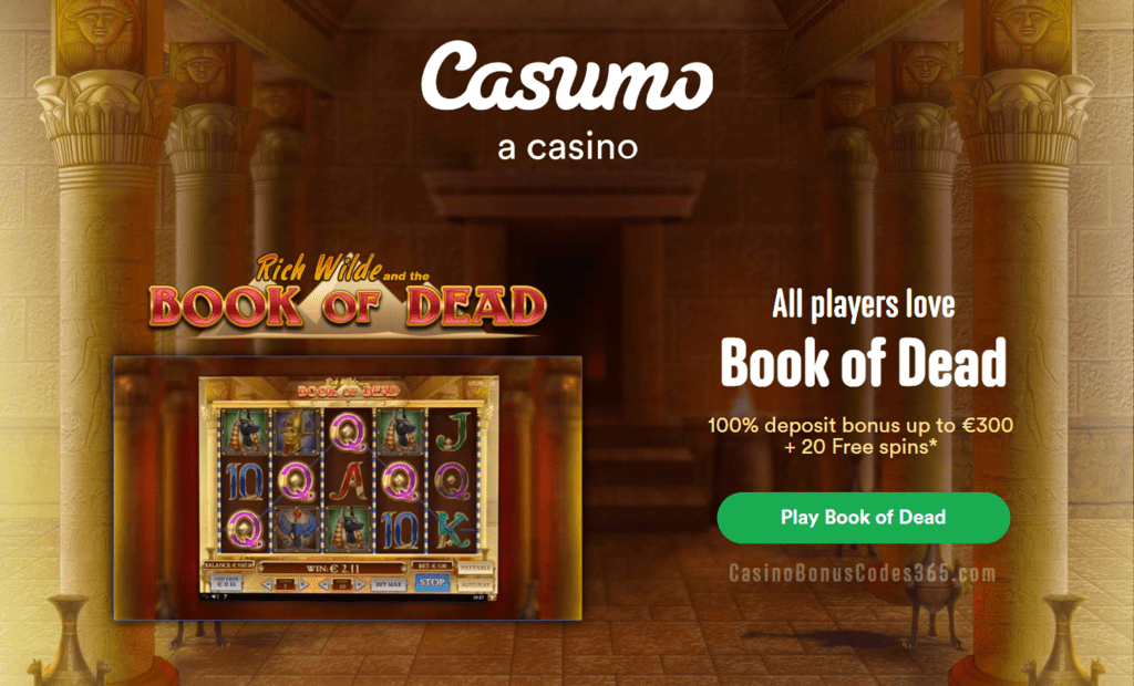 Casumo Casino 100% Match plus 20 FREE Spins Play'n Go Book of Dead Bonus Welcome Package