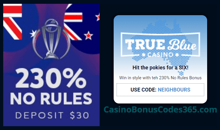 True Blue Casino 230% Cricket No Rules Bonus