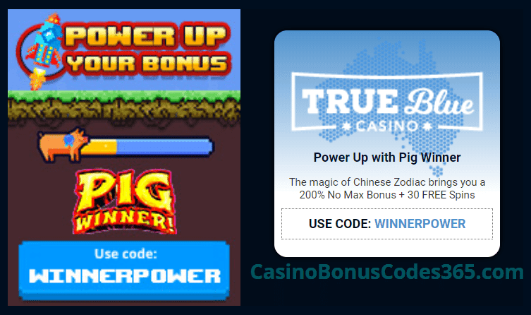 True Blue Casino 200% No Max Bonus plus 30 FREE RTG Pig Winner Spins Special Offer