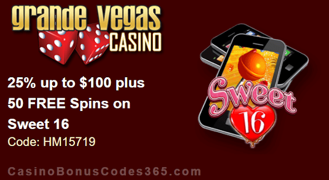 Grande Vegas Casino 25% up to $100 plus 50 FREE RTG Sweet 16 Spins Special Promo