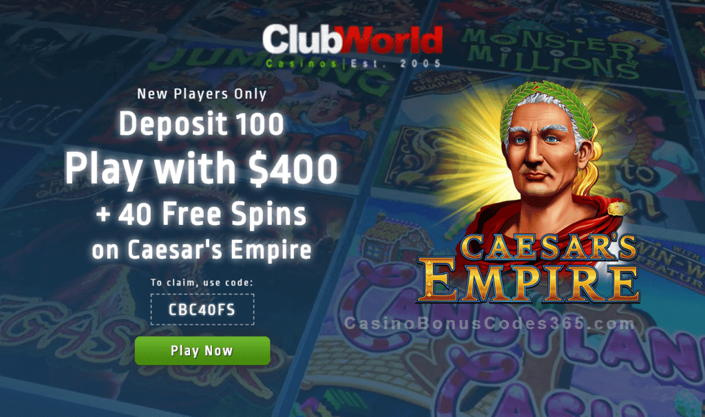 Club World Casino Exclusive $400 plus 40 FREE RTG Caesar's Empire Spins Welcome Bonus