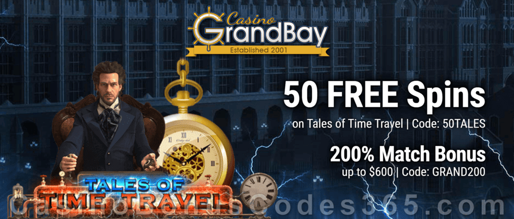 Casino Grand Bay 50 FREE Saucify Tales of Time Travel Spins plus 200% Match Bonus Welcome Package