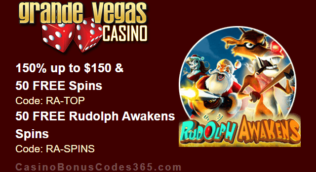 Grande Vegas Casino 150% Bonus plus 150 FREE RTG Rudolph Awakens Spins New Game Special Deal