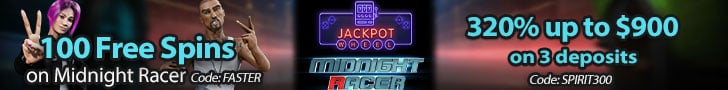 Jackpot Wheel 100 FREE Spins on Midnight Racer plus 320% Match Exclusive Offer