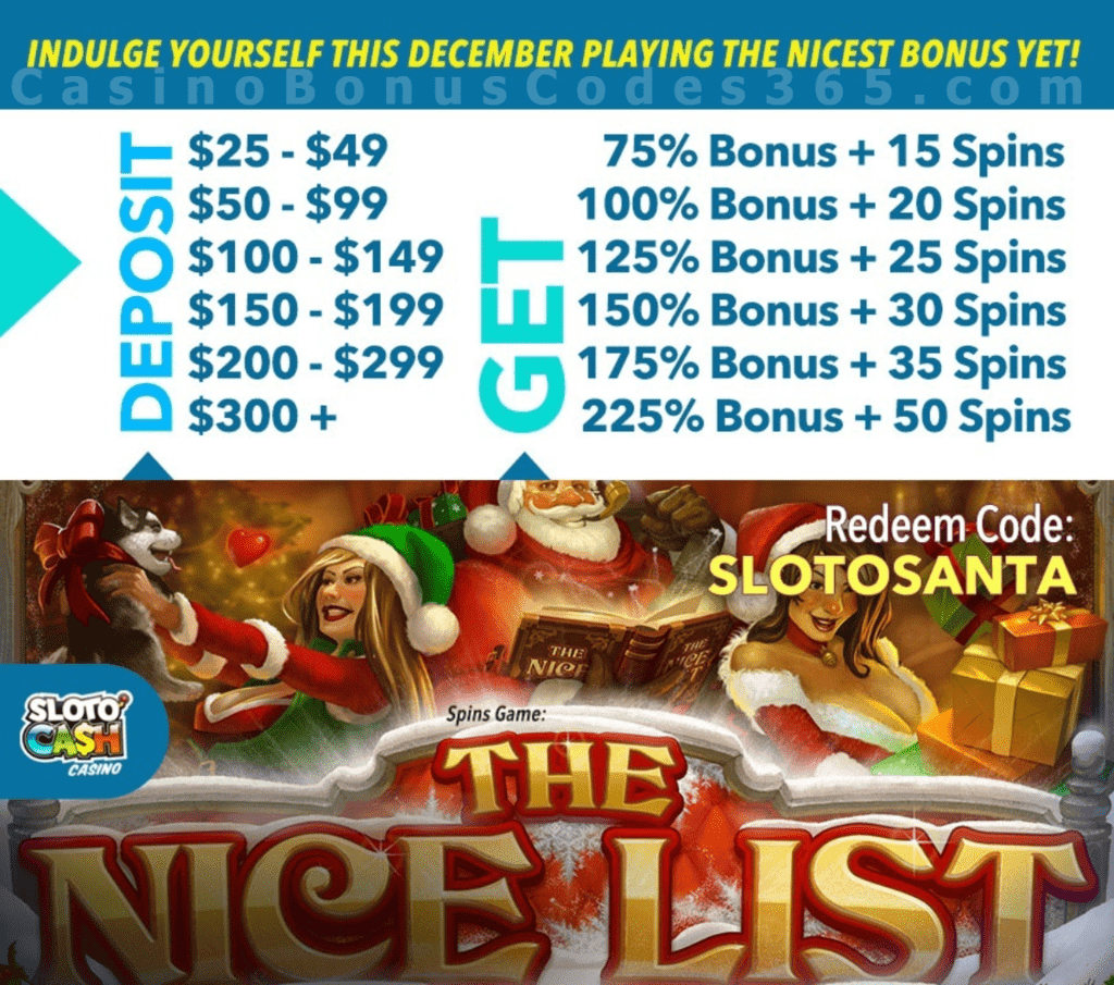 SlotoCash Casino 225% Daily Match plus 50 FREE RTG The Nice List Spins December Special Deal