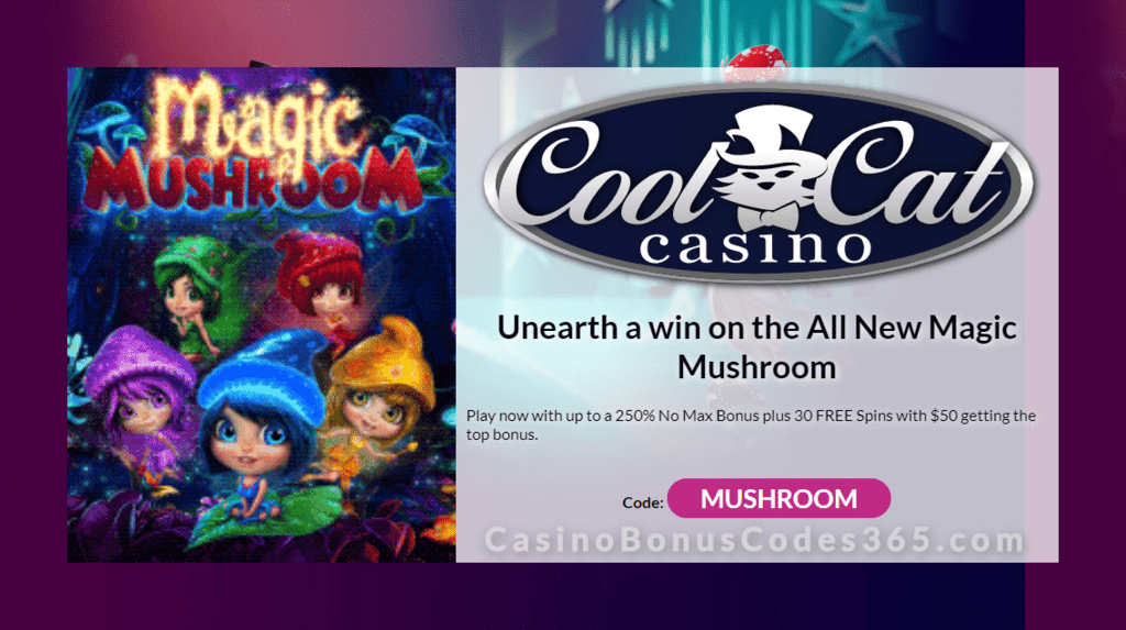 CoolCat Casino 250% No Max Bonus plus 30 FREE RTG Magic Mushroom Spins Special Deal