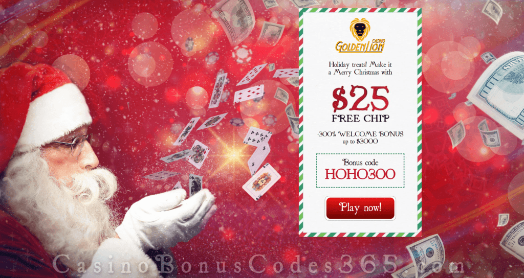 Golden Lion Casino $25 FREE Chip plus 300% Match Bonus Special Happy Holidays Offer