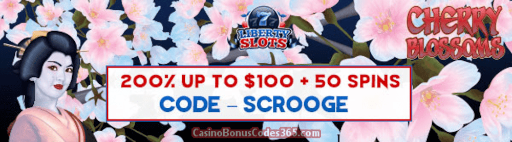 Liberty Slots 200% Match Bonus up to $100 Bonus plus 50 FREE WGS Cherry Blossoms Spins Special Xmas Welcome Pack