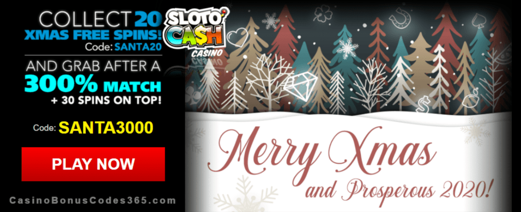 SlotoCash Casino 20 No Deposit FREE Spins plus 300% Match Bonus Special Xmas Offer