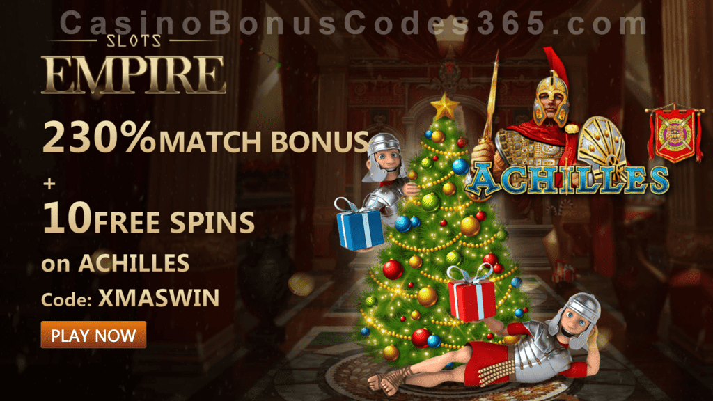 Slots Empire 230% Match Bonus plus 10 FREE RTG Achilles Spins Exclusive Welcome Offer