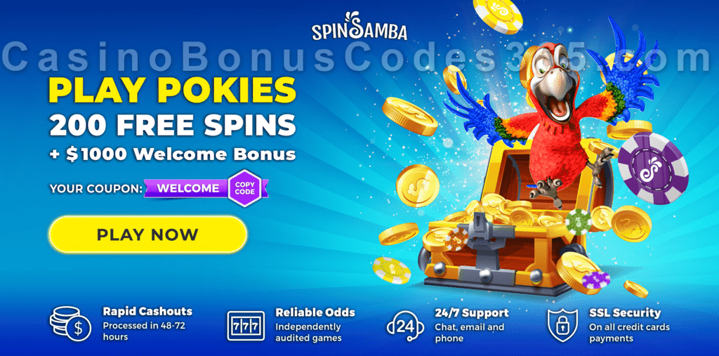 Spin Samba A$1000 Bonus plus 200 FREE Spins Welcome Pack RTG Aladdins Wishes