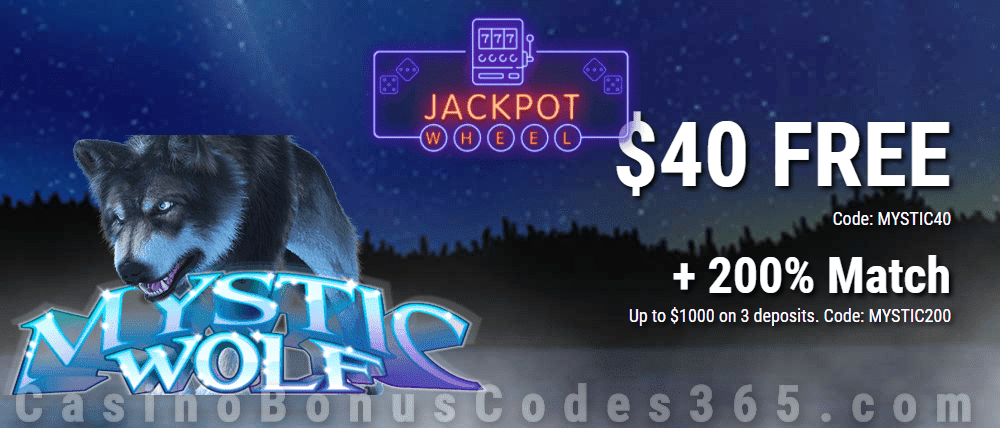 Jackpot Wheel $40 FREE Chip on Saucify Mystic Wolf plus 200% Match Special Welcome Deal