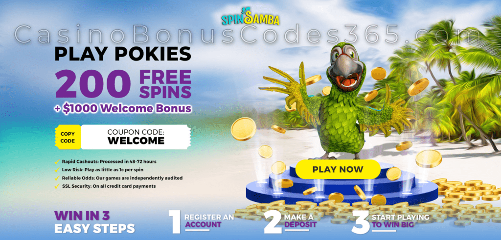 Spin Samba 200 FREE Spins RTG Aladdin's Wishes plus $1000 Welcome Bonus