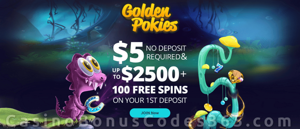 Golden Pokies $5 No Deposit FREE Chip and $2500 Bonus plus 100 FREE Spins Welcome Deal