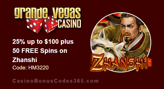 Grande Vegas Casino 25% up to $100 plus 50 FREE RTG Zhanshi Spins Special Weekly Promo