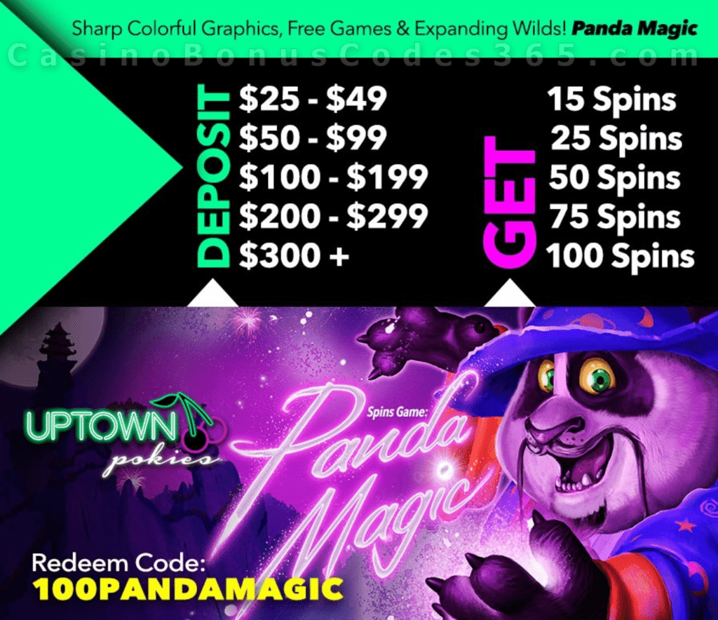 Uptown Pokies 100 FREE Spins on RTG Panda Magic February Daily Deal