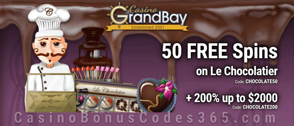 Casino Grand Bay 50 FREE Spins on Saucify Le Chocolatier plus 200% Match Bonus Welcome Offer