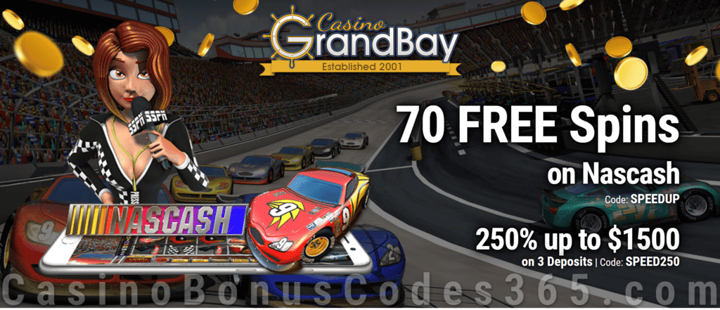 Casino GrandBay 70 FREE Saucify Nascash Spins plus 250% Match Bonus Sign Up Offer