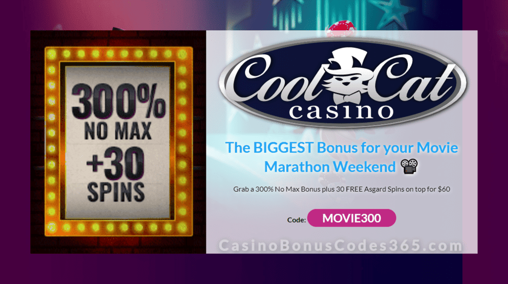 CoolCat Casino 300% No Max Bonus plus 30 FREE RTG Asgard Spins Special Weekend Offer