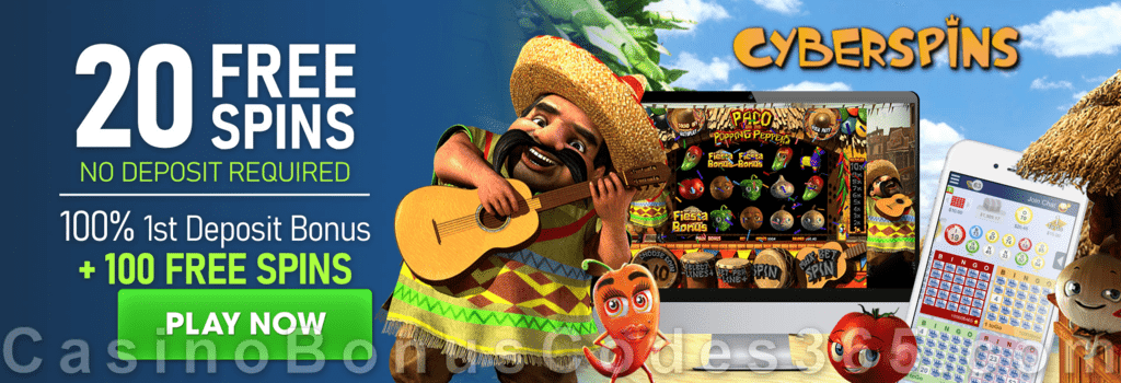 CyberSpins 20 FREE Spins on Betsoft Paco and the Popping Peppers and 100% Match Bonus plus 100 FREE Spins Welcome Deal