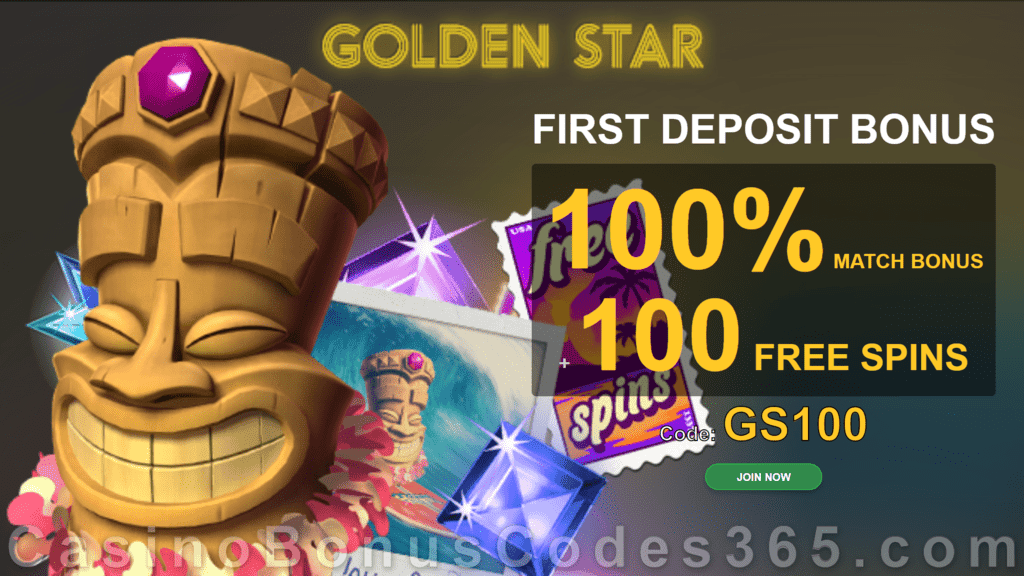 Golden Star Casino 100% Match plus 100 FREE Spins First Deposit Bonus