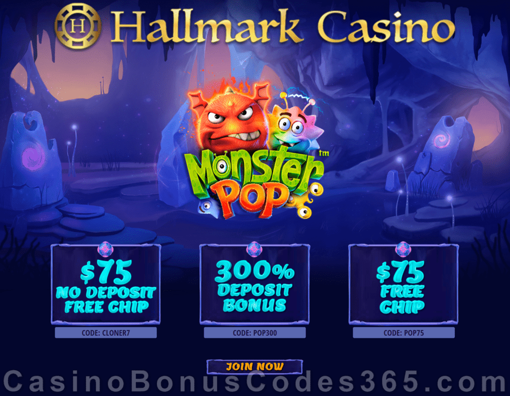 Hallmark Casino Betsoft Monster Pop $150 FREE Chip plus 300% Match Bonus Special Promo