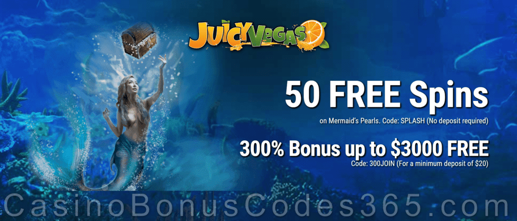 Juicy Vegas 50 No Deposit Spins on RTG Mermaid's Pearls plus 300% Match Bonus Special Deal