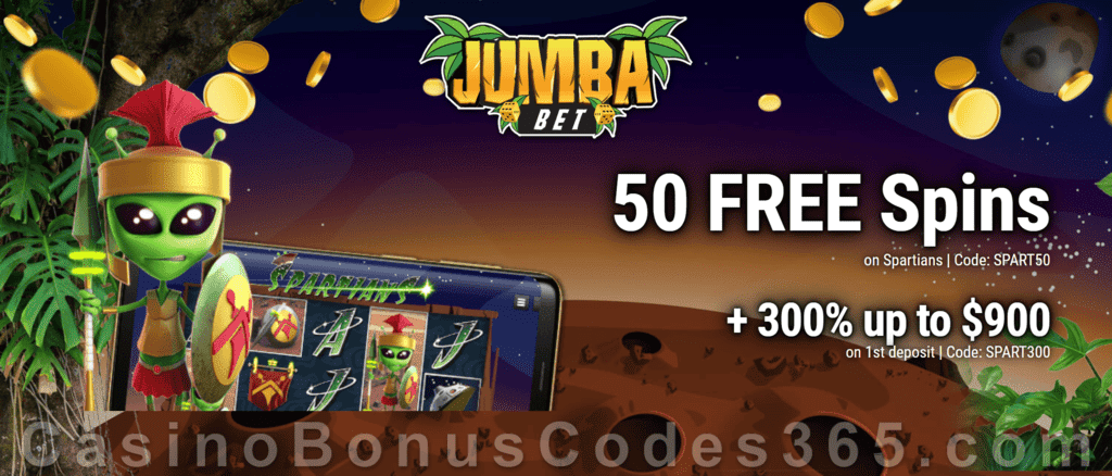 Jumba Bet 50 No Deposit FREE Spins on RTG Spartians plus 300% Match First Deposit Bonus Special Welcome Offer