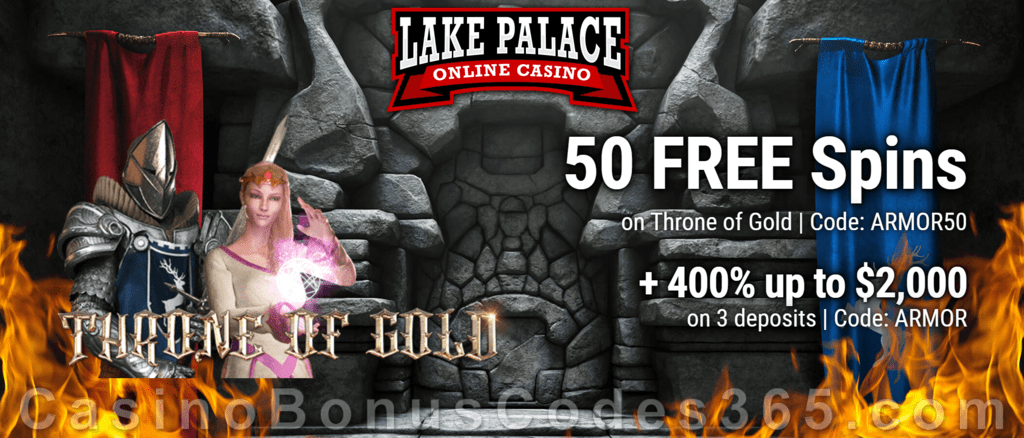 Lake Palace 50 FREE Saucify Throne of Gold Spins plus 400% Match Welcome Bonus