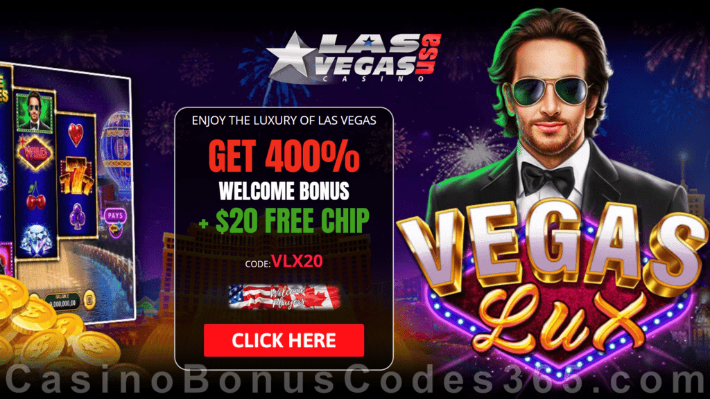 Las Vegas USA Casino $20 FREE Chip plus 400% Match Bonus Welcome Pack