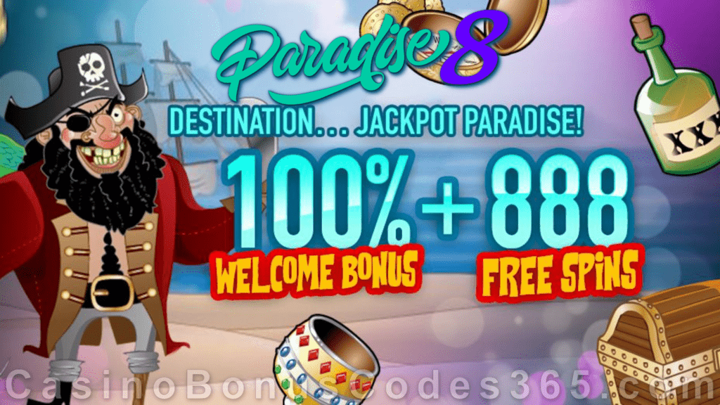 Paradise 8 100% Match plus 888 FREE Spins Welcome Bonus Rival Gaming Tahiti Time