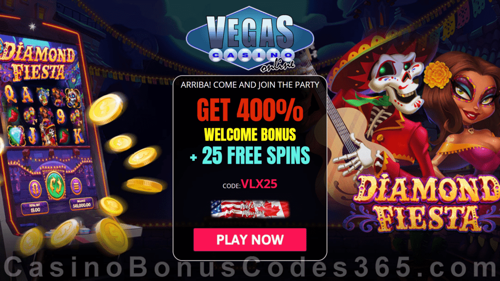 Vegas Casino Online 25 FREE RTG Diamond Fiesta Spins plus 400% Match Bonus Welcome Package