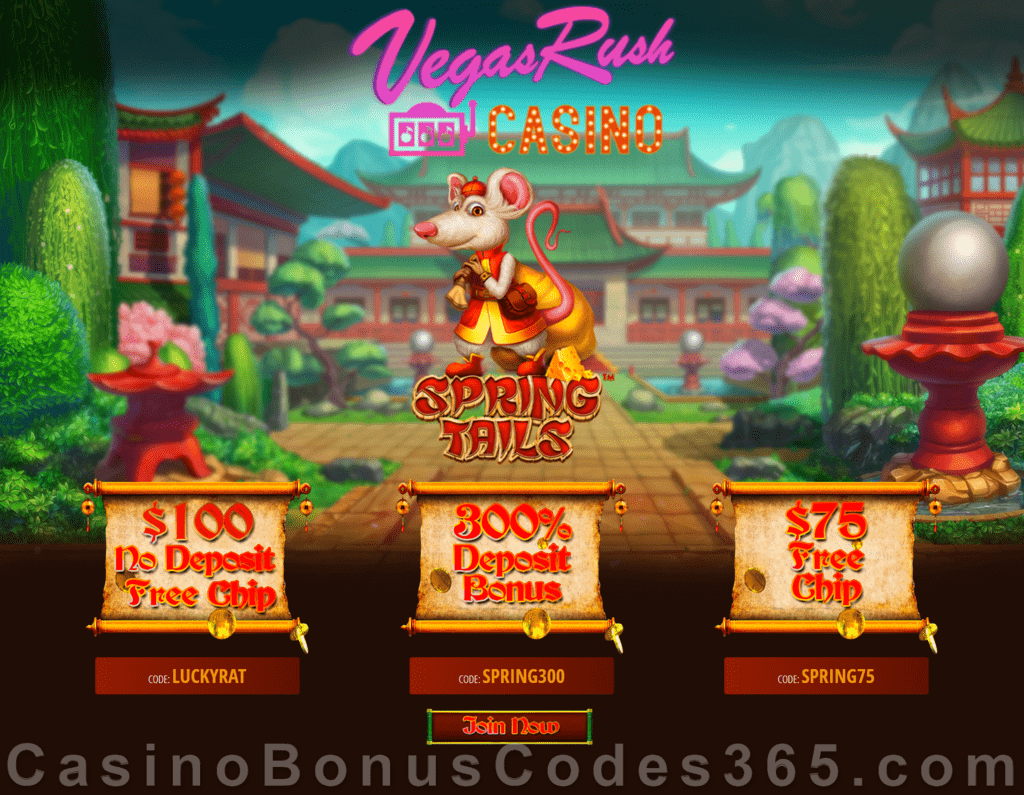 Vegas Rush Casino $175 FREE Chip plus 300% Match Bonus Spring Tails Special May Special Offer Betsoft Spring Tails