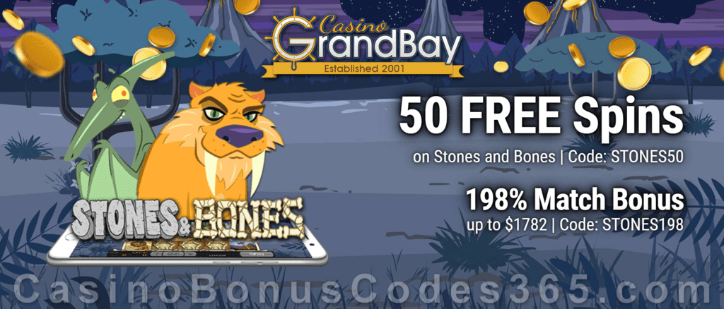 Casino GrandBay 50 FREE Saucify Stones and Bones Spins plus 198% Match Sign Up Deal