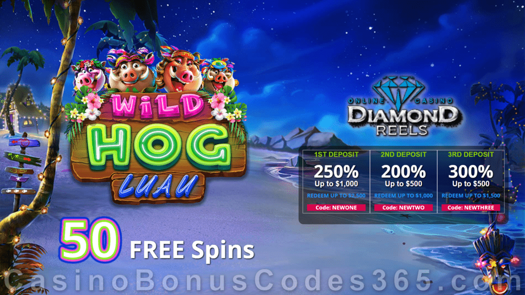 Diamond Reels Casino Special Wild Hog Luau New RTG Game 50 FREE Spins Promo