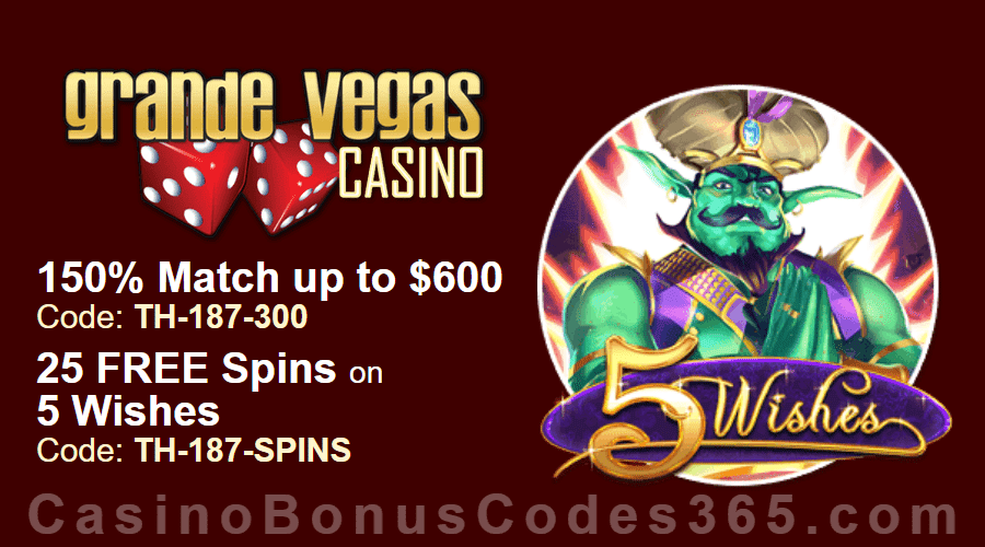 Grande Vegas Casino 150% up to $600 Bonus plus 25 FREE RTG 5 Wishes Spins Special Weekly Offer