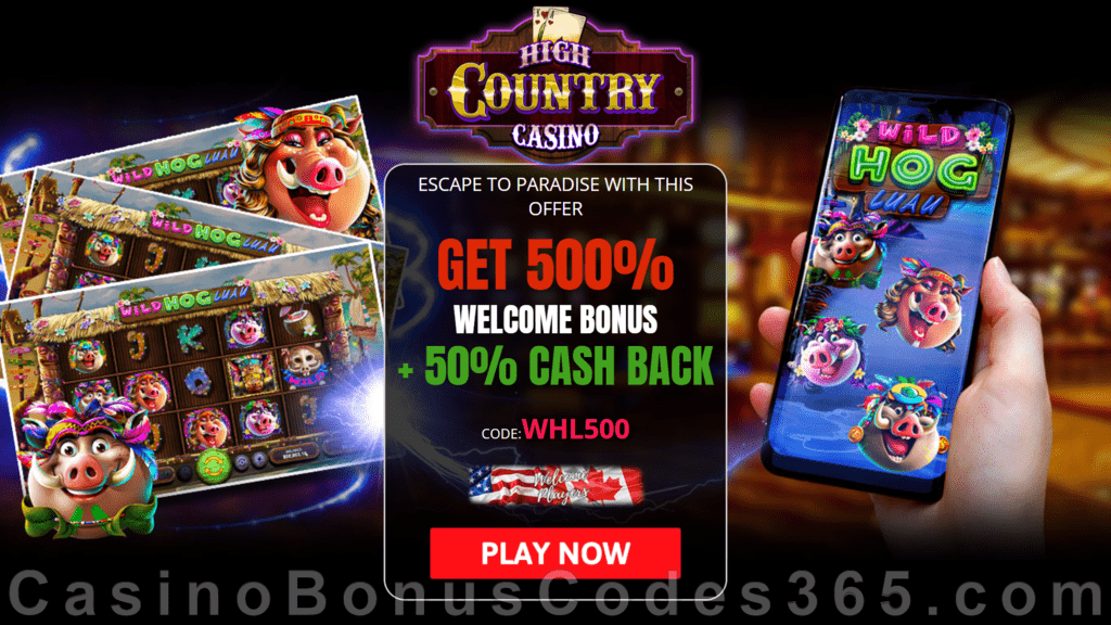 High Country Casino 500% Match Bonus plus 50% Cashback New RTG Game Wild Hog Luau Special Welcome Pack