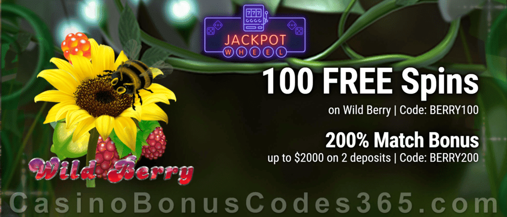 Jackpot Wheel 100 FREE Wild Berry Spins plus 200% Match Bonus Special New Players Deal