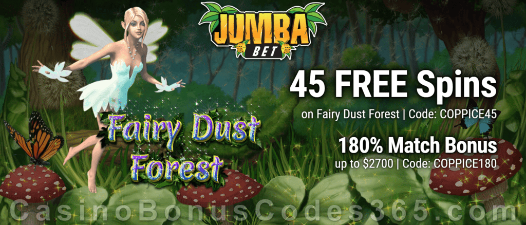 Jumba Bet 45 FREE Spins on Saucify Fairy Dust Forest plus 180% Match Bonus Welcome Deal