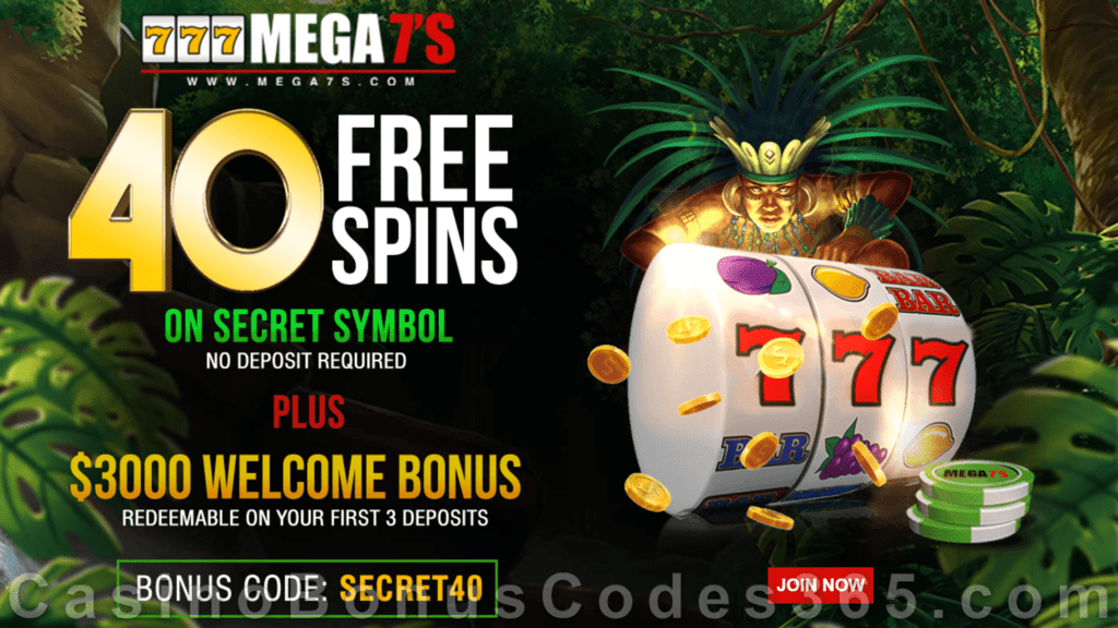 Mega7s Casino 40 No Deposit FREE Spins on Secret Symbol Welcome Offer