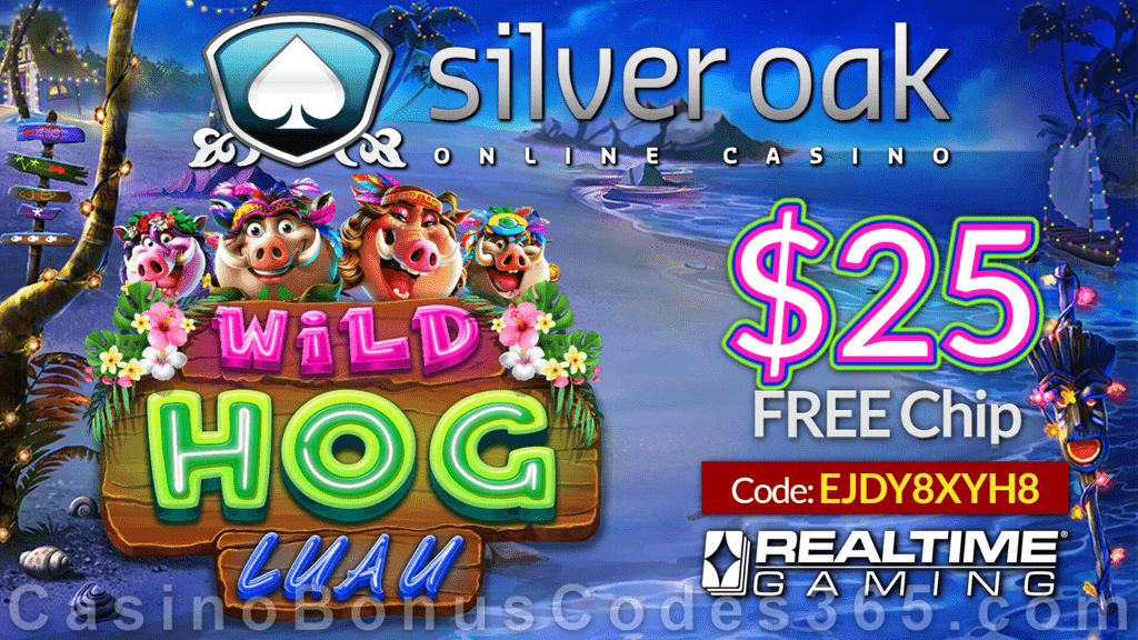 Silver Oak Online Casino Wild Hog Luau New RTG Game $25 FREE Chip Pre Launch Special Offer