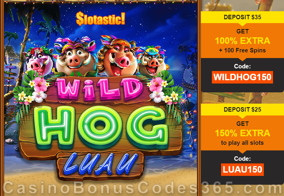 Slotastic Online Casino Wild Hog Luau New RTG Game Bonus and FREE Spins Special Offer