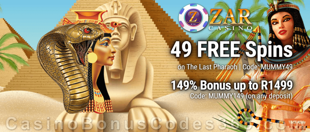 ZAR Casino 49 FREE Spins on Saucify The Last Pharaoh plus 149% Match Sign Up Bonus