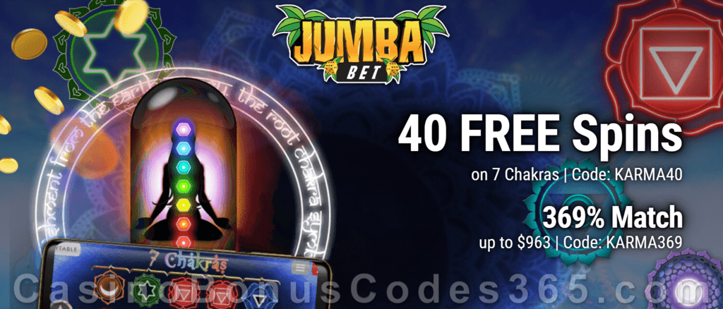 Jumba Bet 40 No Deposit FREE Spins on Saucify 7 Chakras plus 369% Match Welcome Bonus Pack