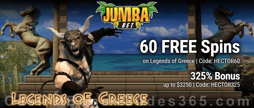 Jumba Bet 60 FREE Legends of Greece Spins plus 325% Match Bonus Welcome Deal