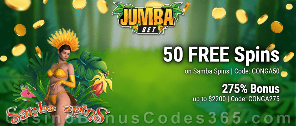 Jumba Bet 50 FREE Spins on Saucify Samba Spins plus 275% Match Bonus New Players Welcome Pack