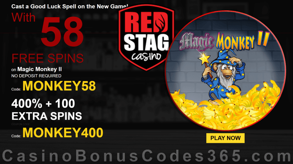 Red Stag Casino 58 FREE Magic Monkey II Spins and 400% Match up to $800 Bonus plus 100 FREE Spins Special New WGS Game Welcome Deal